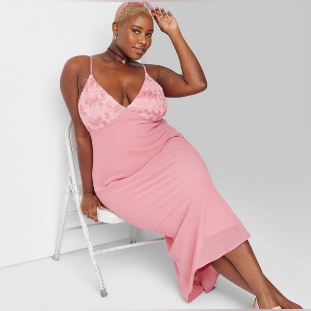 NWT Wild Fable Rosette V Neck Pink Slip Dress